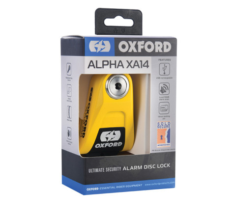 Bloque disque alarme OXFORD Alpha XA14 Ø14mm inox noir/jaune