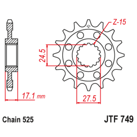 Kit chaîne EK/JT 525 ZVX3 - 16/42-124 - Couronne acier standard