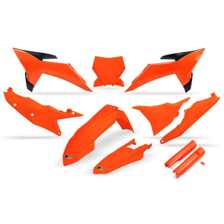 Kit plastiques complet + protections de fourche UFO – Orange Fluo pour KTM SX / SX-F 125 / 250 / 350 / 450 – 2025