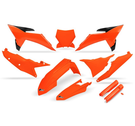 Kit plastiques complet + protections de fourche UFO – Orange Fluo pour KTM SX / SX-F 125 / 250 / 350 / 450 – 2025