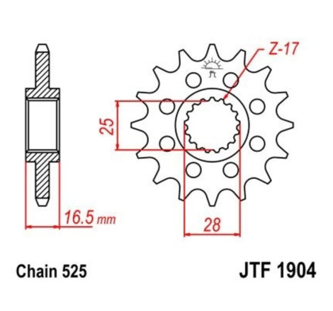 EK/JT Kit chaîne  525Z/3D- 17/38-112 - Couronne acier standard