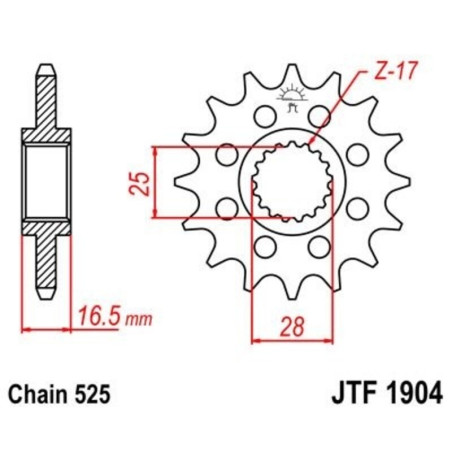 EK/JT Kit chaîne  525Z/3D- 17/38-112 - Couronne acier standard