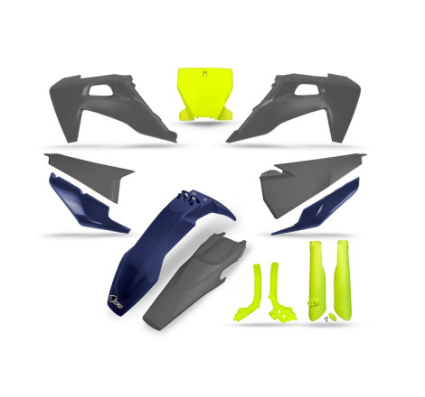Kit plastiques UFO Jaune Fluo/Bleu/Gris pour KTM TC / FC 125 / 250 / 350 / 450 – 2019 à 2022