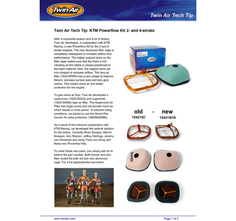 Filtre à air TWIN AIR kit Powerflow 250/350/450 SX-F 2011 à 2015