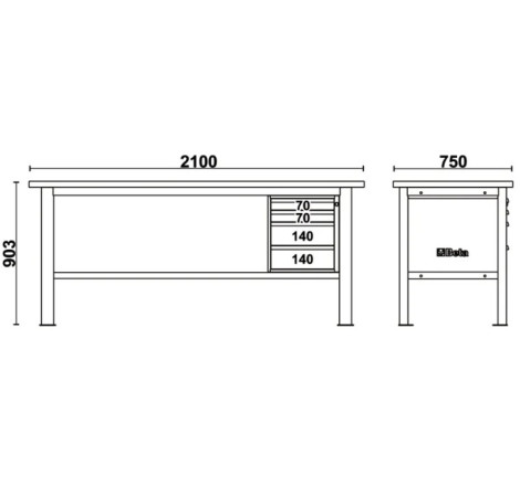 Etabli BETA 2,1m - plan de travail en bois et 4 tiroirs - C58BC-W2,1