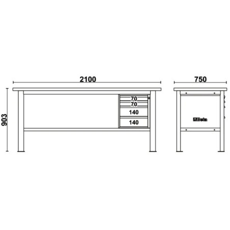 Etabli BETA 2,1m - plan de travail en bois et 4 tiroirs - C58BC-W2,1